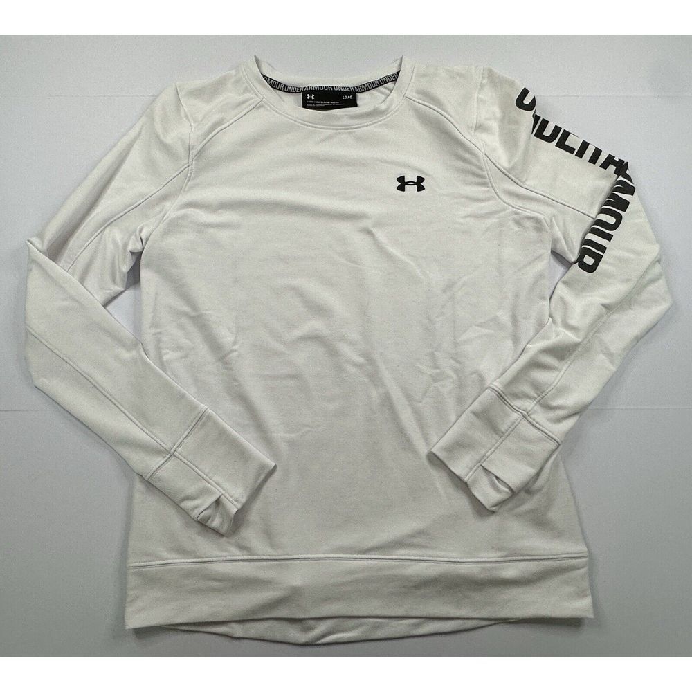 UNDER ARMOUR Mens Large Graphic Sleeve  Sweatshirt White Running‎ Thumb Holes
